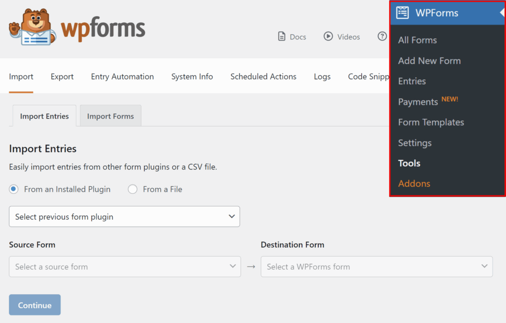 WPForms Import Entries screen with the Import Entries tab active; left area shows radio options (From an Installed Plugin / From a File) and dropdowns for Source Form and Destination Form, while a dark vertical WPForms menu sits on the right.