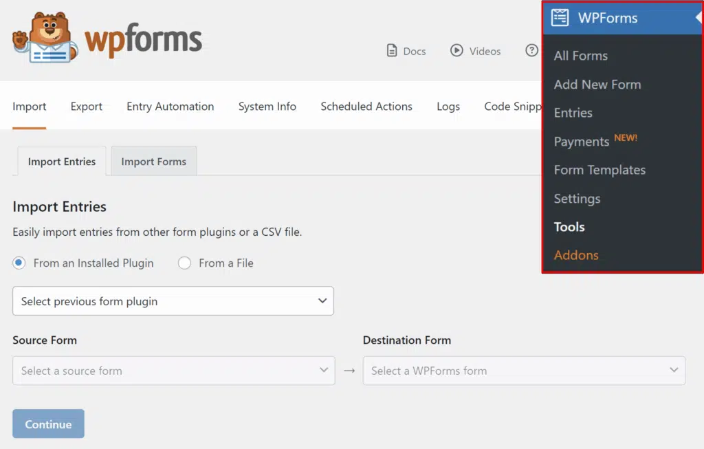 import-tools - WPForms WPForms Import Entries screen with the Import Entries tab active; left area shows radio options (From an Installed Plugin / From a File) and dropdowns for Source Form and Destination Form, while a dark vertical WPForms menu sits on the right.