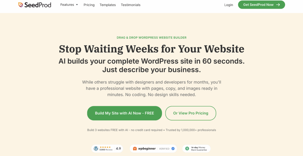 Hero di SeedProd: titolo audace sull'interruzione dei tempi di attesa per un sito web con costruttore di siti AI WordPress e due CTA su sfondo beige.