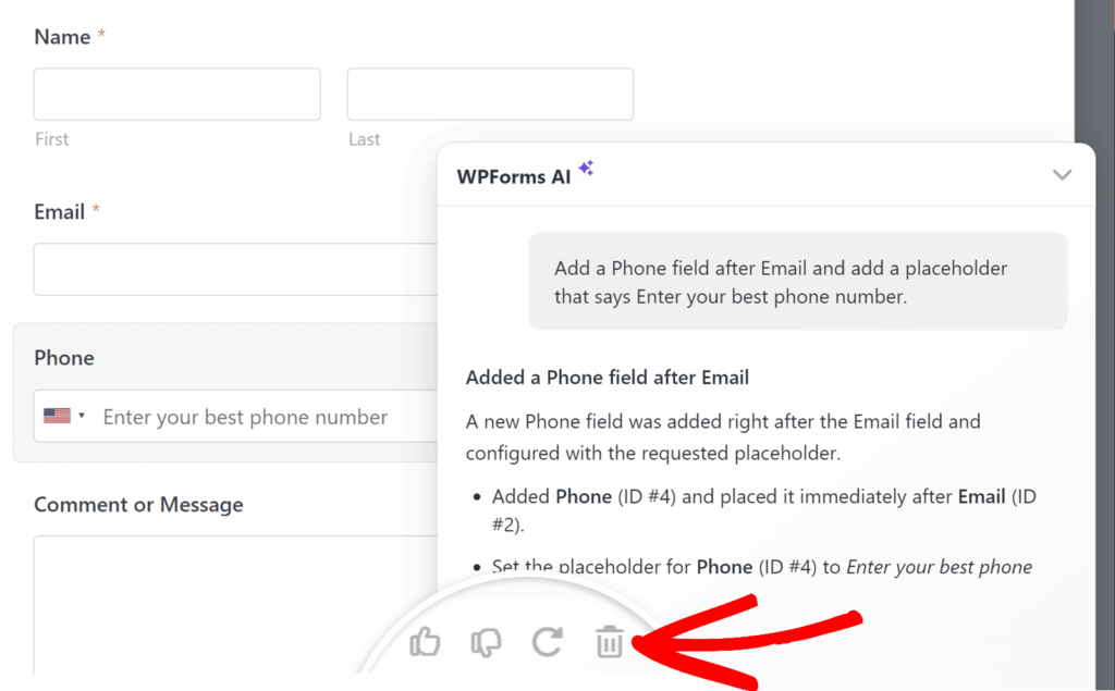 Modulo con campi per Nome, Email e un segnaposto Telefono aggiunto dopo Email; appare nelle vicinanze un suggerimento di WPForms AI.