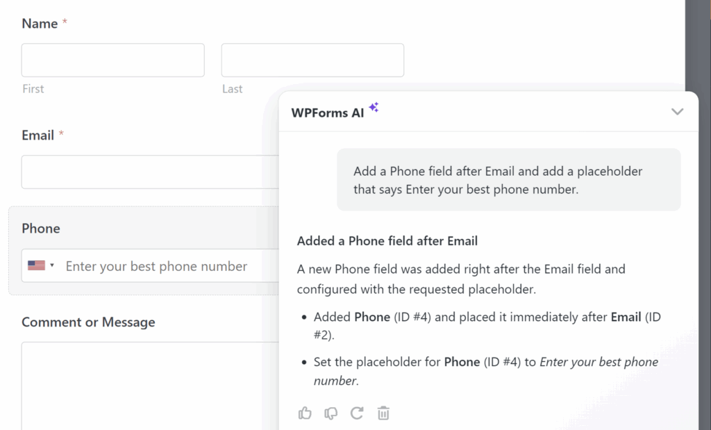 Screenshot di un modulo web con campi Nome, Email, Telefono e Messaggio; una finestra di dialogo di aiuto di WPForms AI sovrappone il modulo, descrivendo l'aggiunta di un campo Telefono dopo Email.