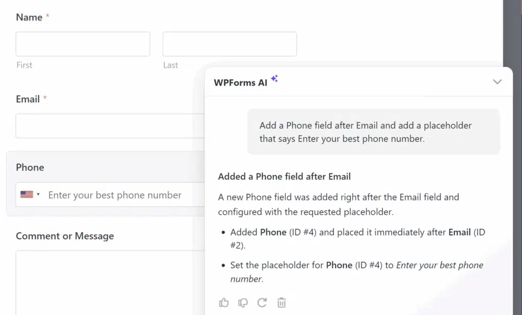 名前、メール、電話、メッセージフィールドのあるウェブフォームのスクリーンショット。WPForms AIヘルプダイアログがフォーム上にオーバーレイ表示され、メールフィールドの後に電話フィールドを追加することを説明しています。