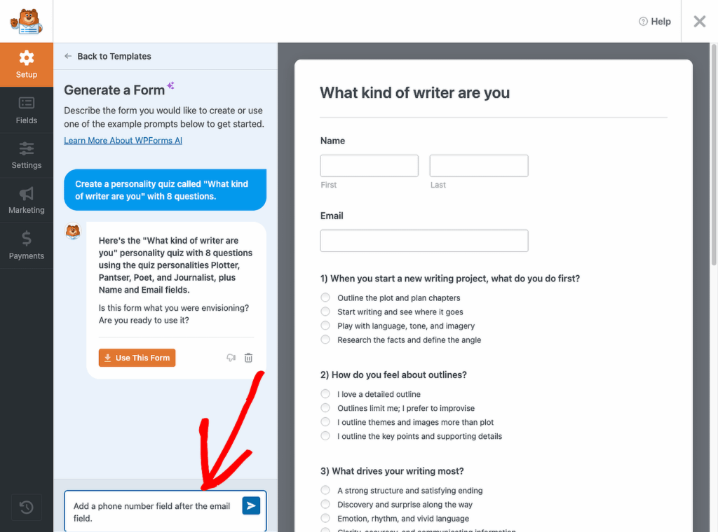 Message de suivi WPForms AI
