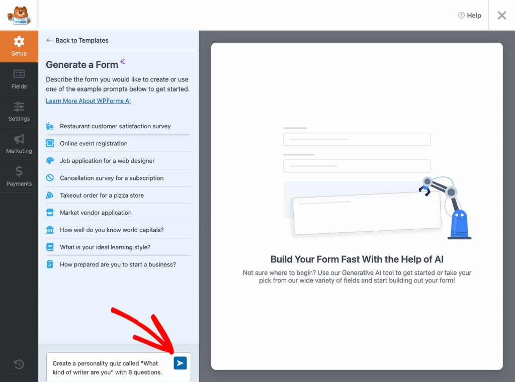 Saisie de prompt WPForms AI