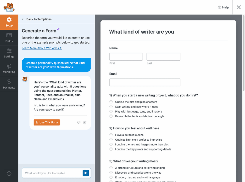 Aperçu du quiz WPForms AI
