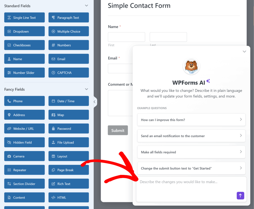 Pannello di chat Smart Edit di WPForms AI