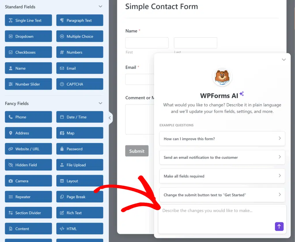 Form builder UI with a left panel of blue field blocks (Single Line Text, Dropdown, Email) and a right panel showing a'Simple Contact Form'.