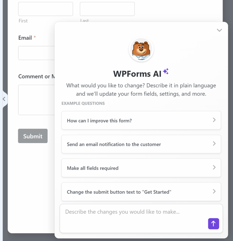 Modal pop-up para IA do WPForms com mascote de urso, oferecendo opções de personalização de formulário e lista de perguntas de exemplo atrás dele