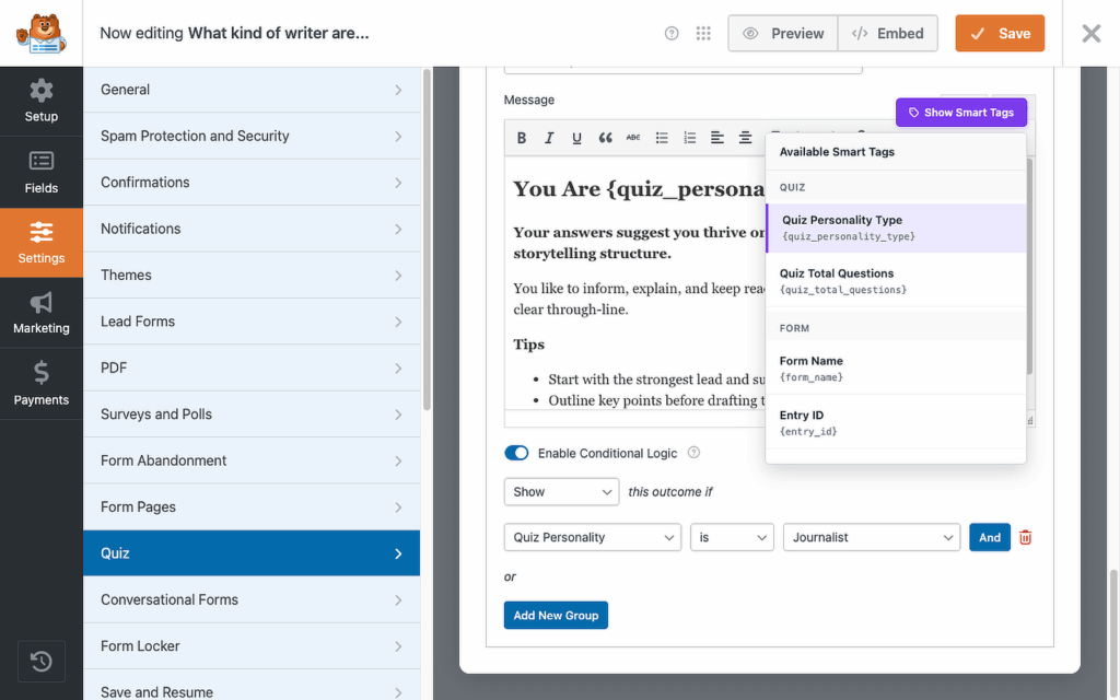 Balises intelligentes pour les résultats des quiz WPForms