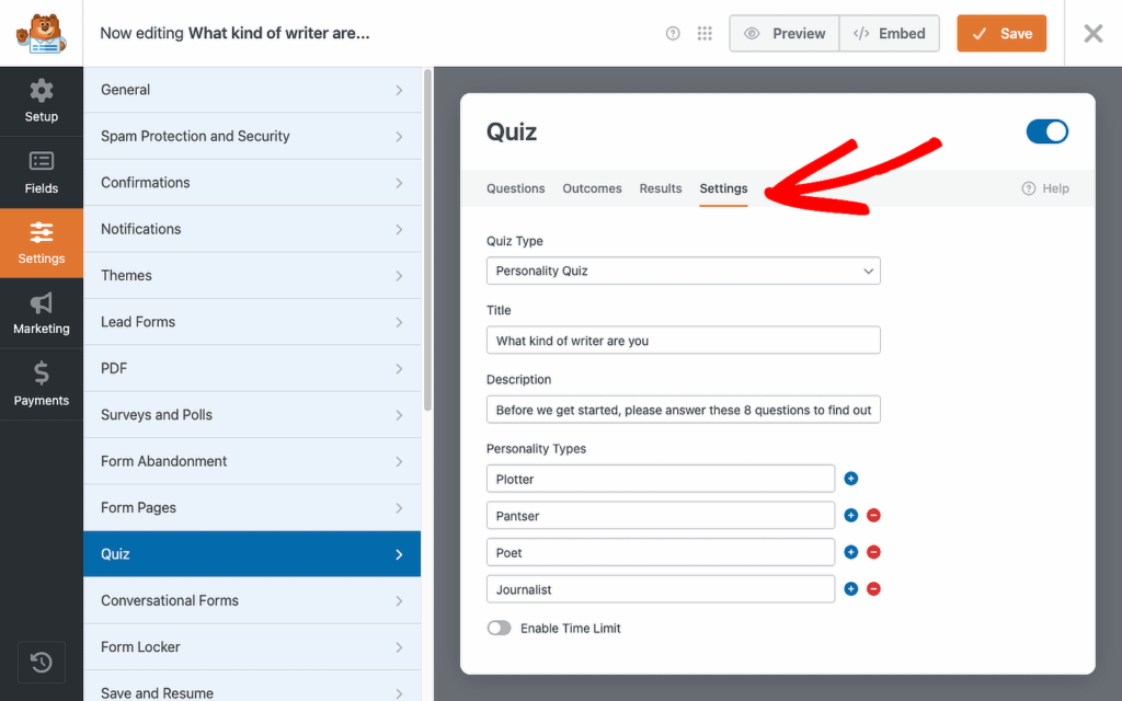 Panneau de configuration des quiz de WPForms