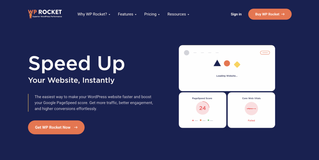 Sezione hero con sfondo blu scuro che mostra il logo WP Rocket e la navigazione, un grande titolo 'Accelera il Tuo Sito Web, Istantaneamente' e un pulsante arancione arrotondato 'Ottieni WP Rocket Ora', più mockup sul lato destro di una schermata di caricamento e piccole schede informative.
