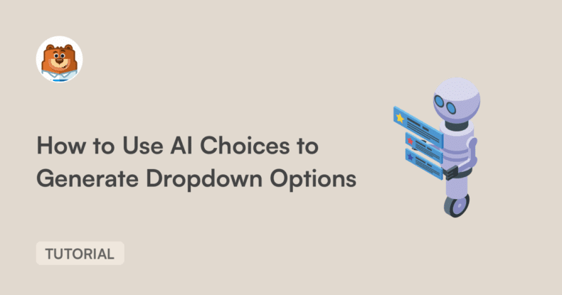 Héroe del tutorial: un oso avatar a la izquierda y un robot con tarjetas de opciones junto al título 'Cómo usar opciones de IA para generar opciones desplegables'.