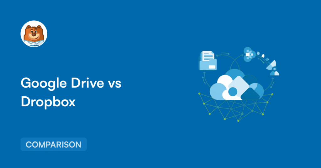Imagem principal com o título 'Google Drive vs Dropbox' num fundo azul, um gráfico de nuvem/armazenamento à direita e um distintivo de avatar de urso no canto superior esquerdo.