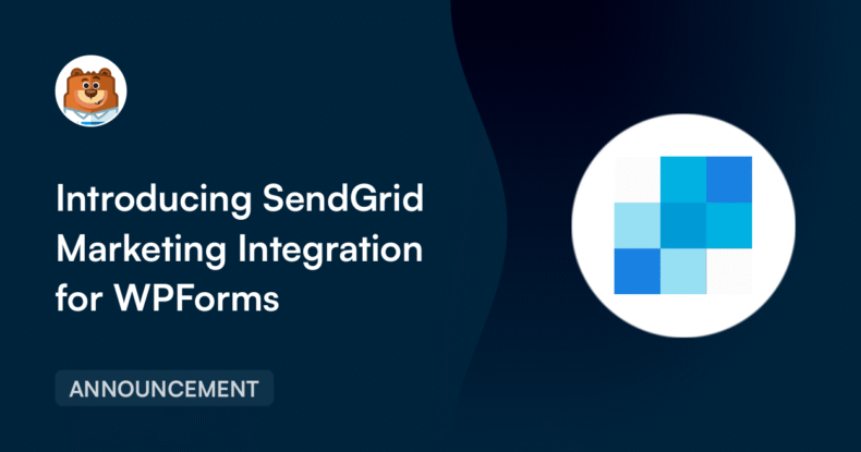 Banner de anuncio: Presentamos la integración de marketing de SendGrid para WPForms, con mascota a la izquierda y logotipo de mosaico azul a la derecha.