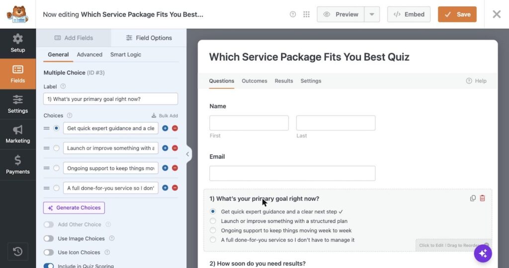 Screenshot einer Quiz-Builder-UI mit einem Formular mit dem Titel 'Welches Servicepaket passt am besten zu Ihnen Quiz' mit Namens- und E-Mail-Feldern und Multiple-Choice-Fragen im Editor im linken Bereich.