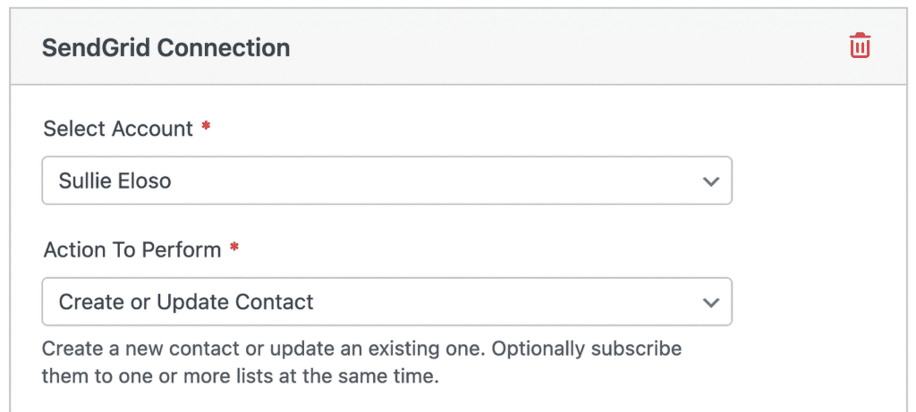 Formulario de conexión de SendGrid: Cuenta configurada en Sullie Eloso, Acción configurada en Crear o Actualizar Contacto, con descripción a continuación.