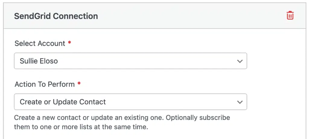 SendGrid Connection form: Account set to Sullie Eloso, Action set to Create or Update Contact, with description below.