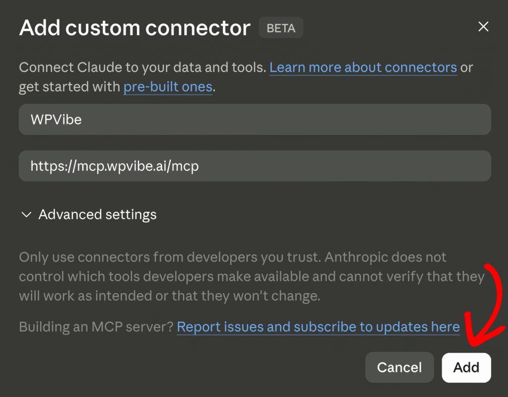 Modal titled 'Add custom connector' with two fields: name 'WPVibe' and URL 'https://mcp.wpvibe.ai/mcp', and Cancel and Add buttons at the bottom.