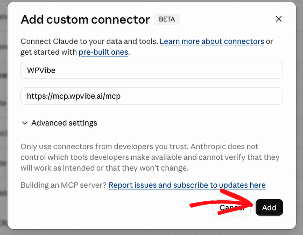Modal dialog titled 'Add custom connector' with two inputs: name 'WPVibe' and URL 'https://mcp.wpvibe.ai/mcp', and Cancel/Add buttons at the bottom.