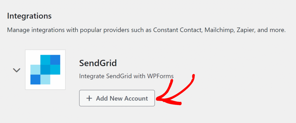 add-new-account-sendgrid - WPForms Integrations section with a SendGrid tile and an Add New Account button