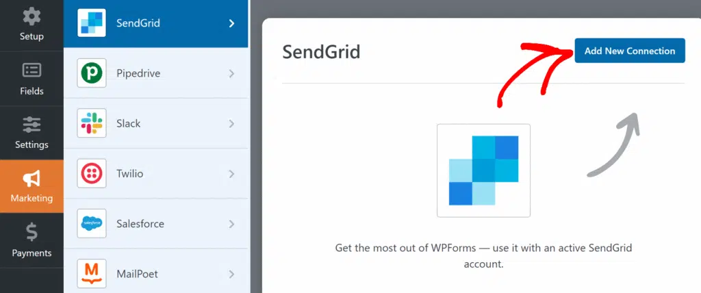 アプリ統合画面:左側のナビゲーションで「マーケティング」が選択されており、メインエリアには SendGrid と「新しい接続を追加」ボタンが表示されている。