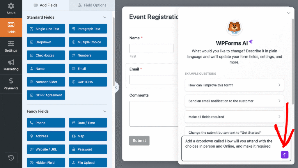 Form builder UI: field type options on the left and an Event Registration form with an AI helper panel on the right.