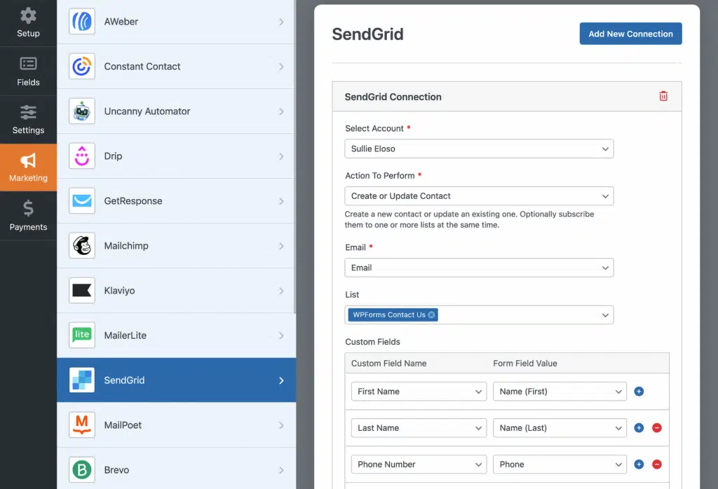 Dashboard-style UI: left vertical app navigation with 'Marketing' active; right side shows a SendGrid connection form titled 'SendGrid' with 'Add New Connection' button, fields for account, action, email, list, and custom fields.