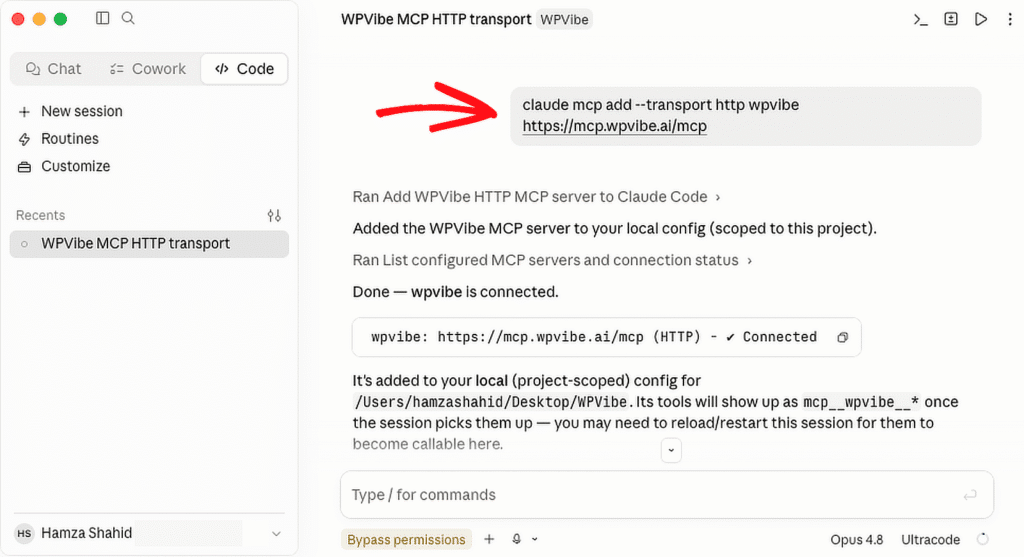 WPVibe MCP HTTP transport setup UI; a chat bubble shows the command: claude mcp add --transport http wpvibe https://mcp.wpvibe.ai/mcp