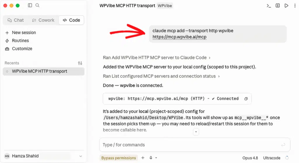 Interfaccia utente di configurazione del trasporto HTTP WPVibe MCP; una bolla di chat mostra il comando: claude mcp add --transport http wpvibe https://mcp.wpvibe.ai/mcp