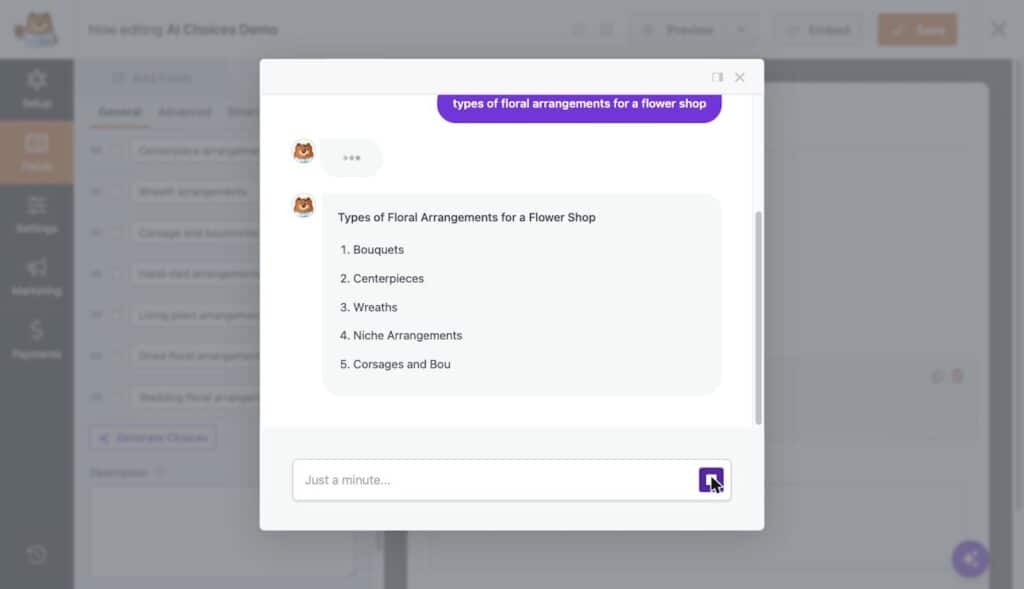 Diálogo modal en una aplicación de chat que muestra una lista titulada 'Tipos de Arreglos Florales para una Floristería' con los elementos: 1. Ramos 2. Centros de mesa 3. Coronas 4. Arreglos de nicho 5. Corsages y Bou...