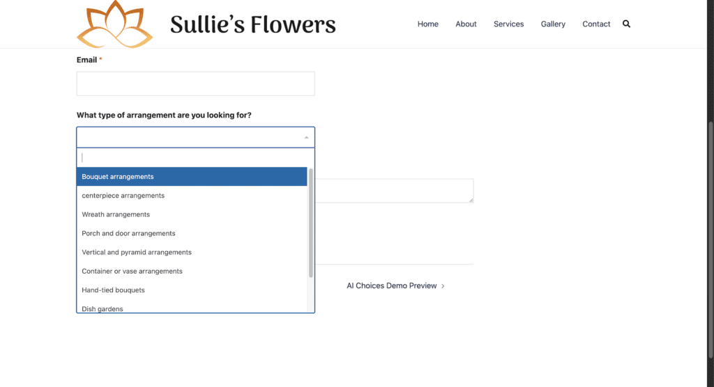 Formulario de contacto de Sullie's Flowers con un campo de correo electrónico y un menú desplegable etiquetado como '¿Qué tipo de arreglo buscas?' (Seleccionado: Arreglos de ramos).