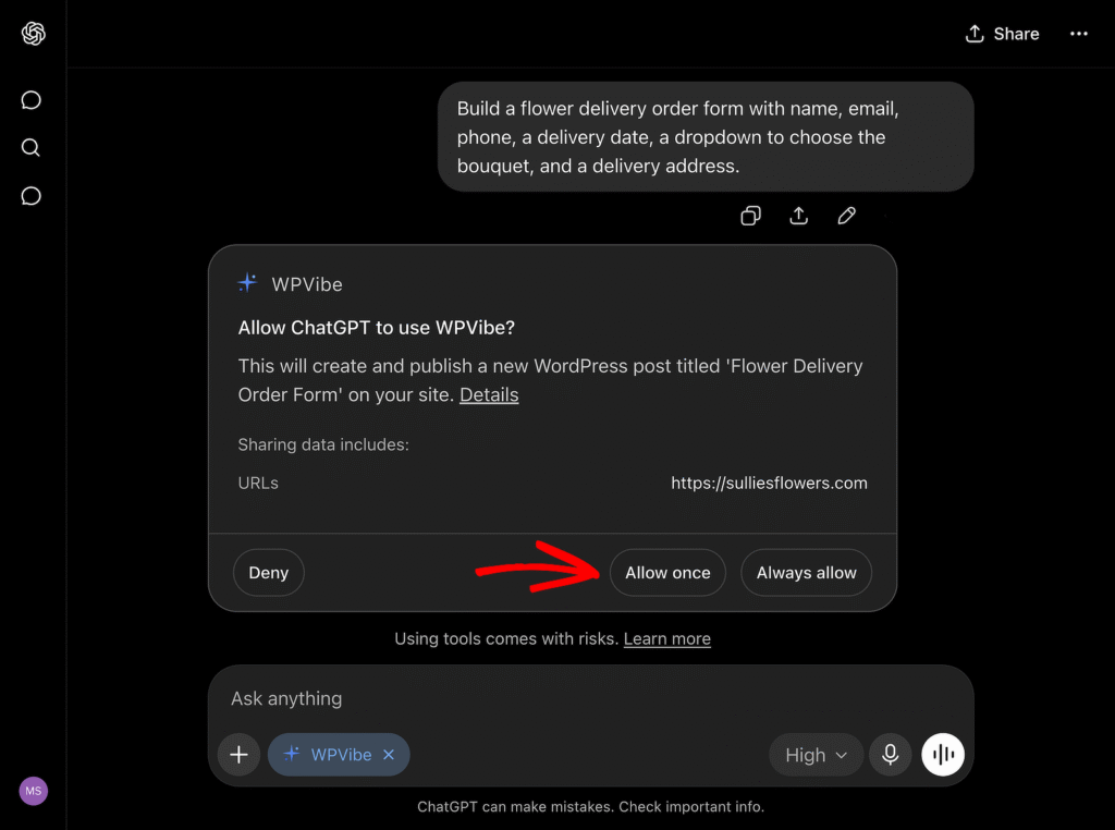 Dialog asking 'Allow ChatGPT to use WPVibe?' with details, showing Deny, Allow once (highlighted), and Always allow buttons on a dark app screen.