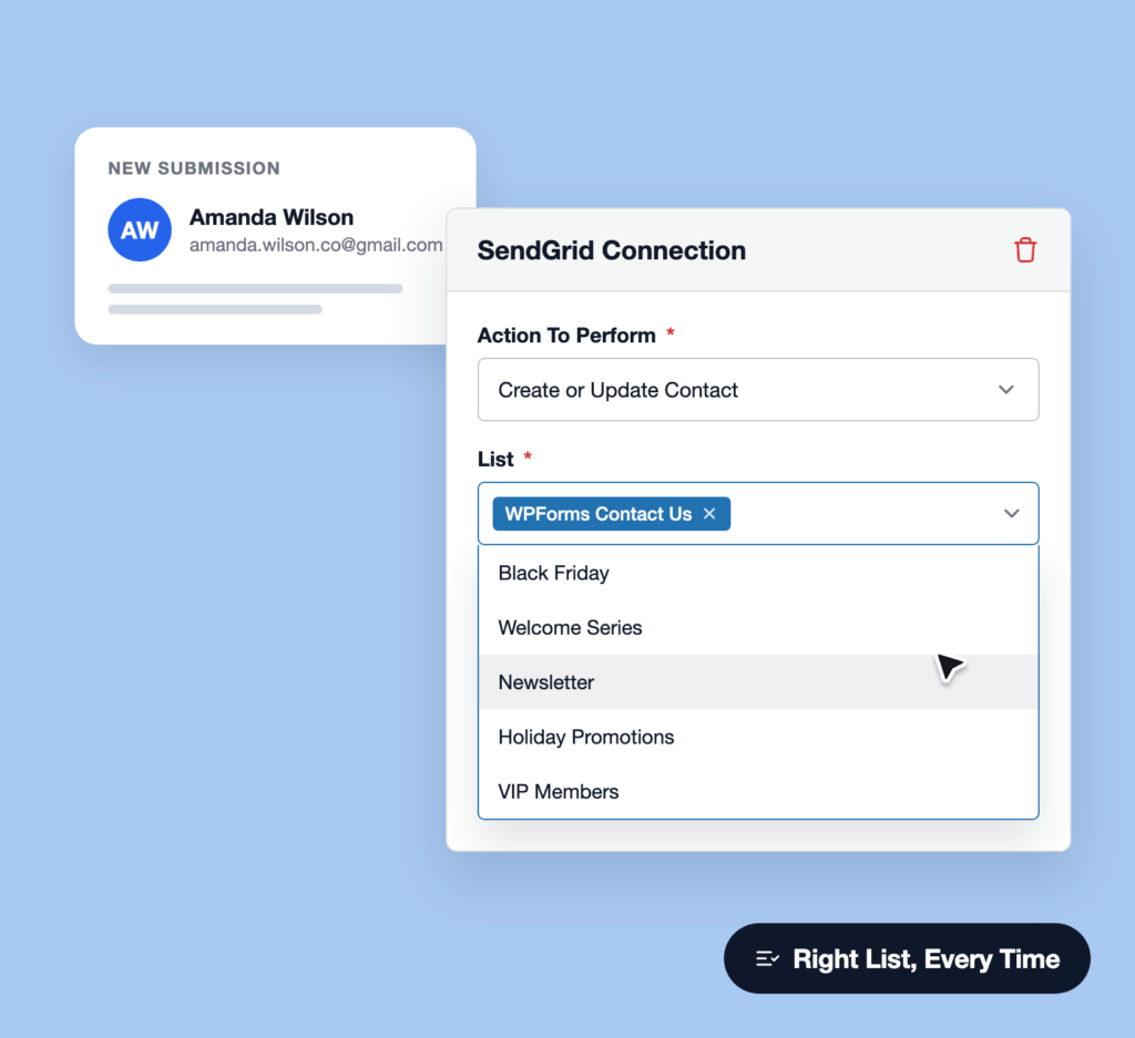 benefit2-right-list - WPForms Ilustración de una tarjeta de Nueva Entrada junto a un formulario de Conexión de SendGrid con un desplegable de lista de contactos y opciones listadas sobre un fondo azul.