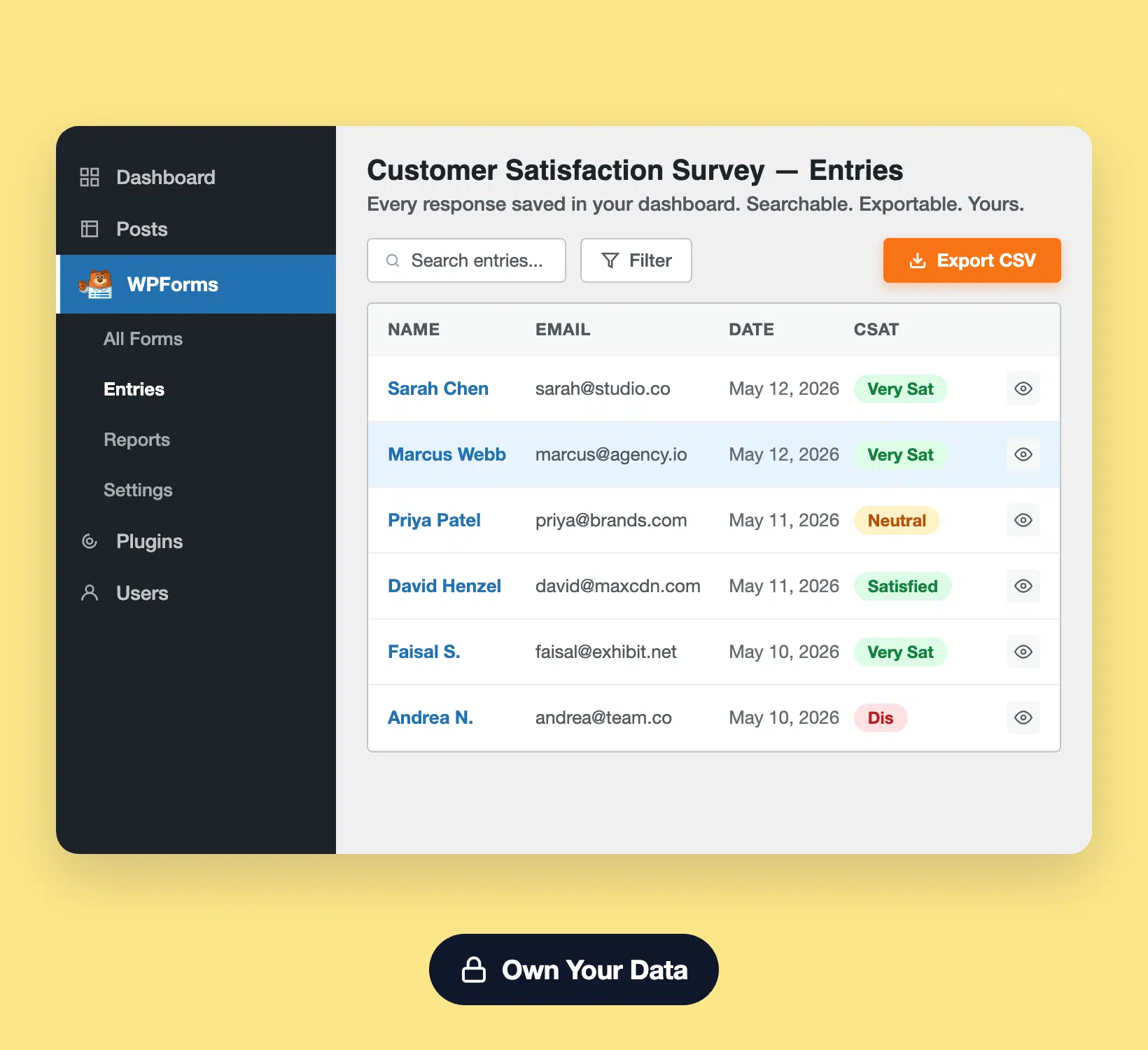 WPForms Umfrageantworten in WordPress - WPForms WordPress-Eintragsbildschirm mit WPForms-Umfrageantworten