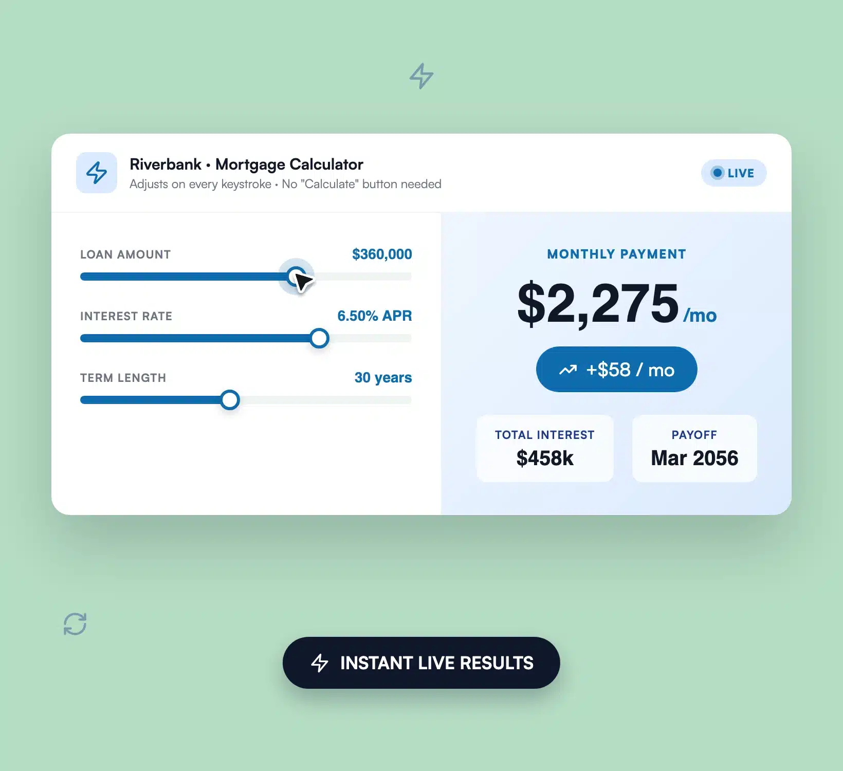 Calculador interativo a mostrar resultados que se atualizam em tempo real à medida que os utilizadores alteram as entradas