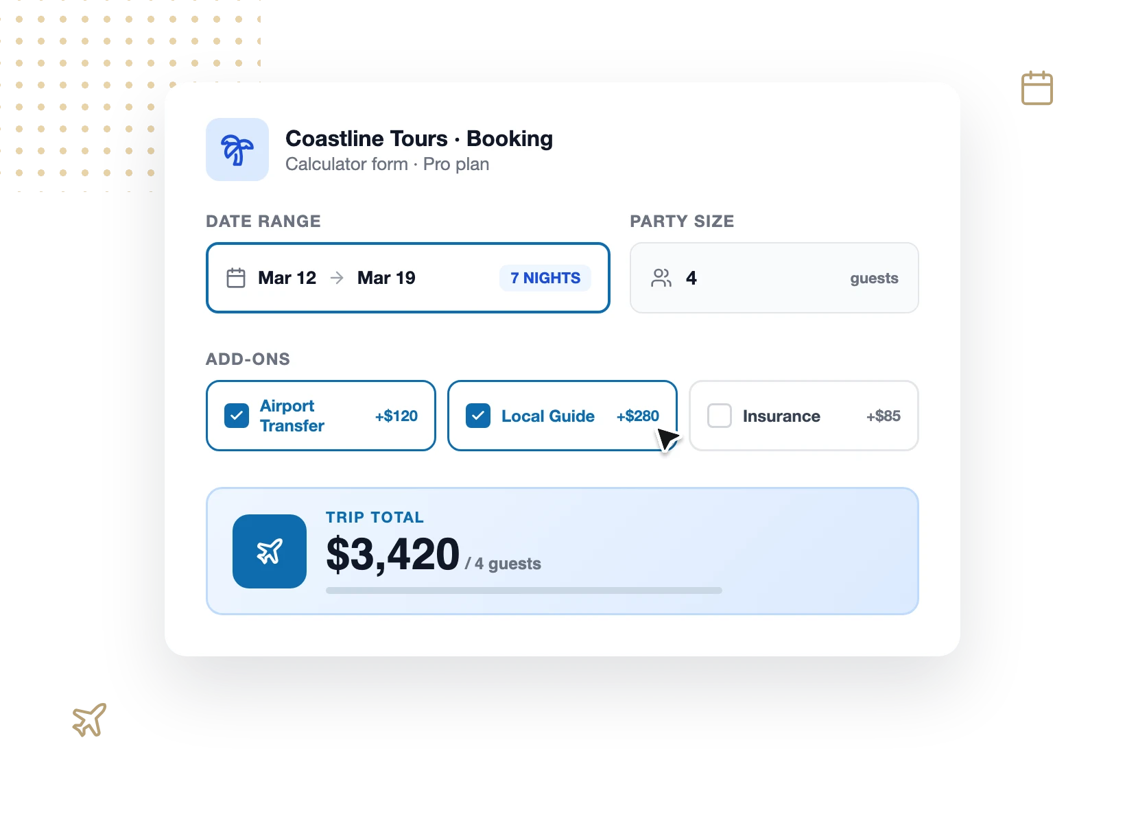 Formulário de reserva a calcular o preço da viagem a partir de datas e tamanho do grupo no WPForms