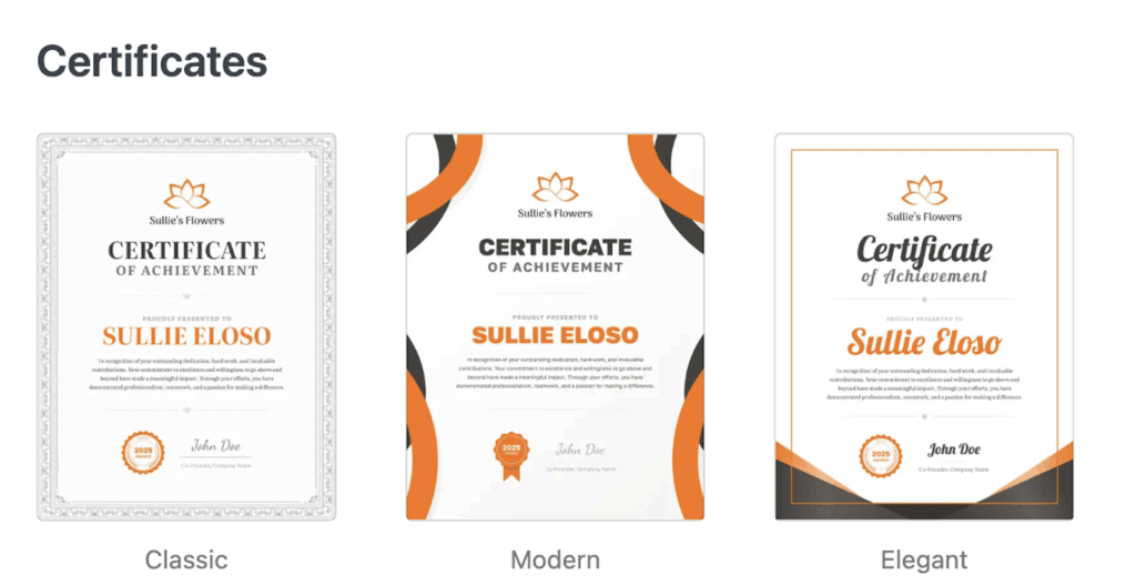 Drei Zertifikatsdesigns – Klassisch, Modern und Elegant – nebeneinander mit orangefarbenen Akzenten und einer Überschrift "Zertifikate" darüber.