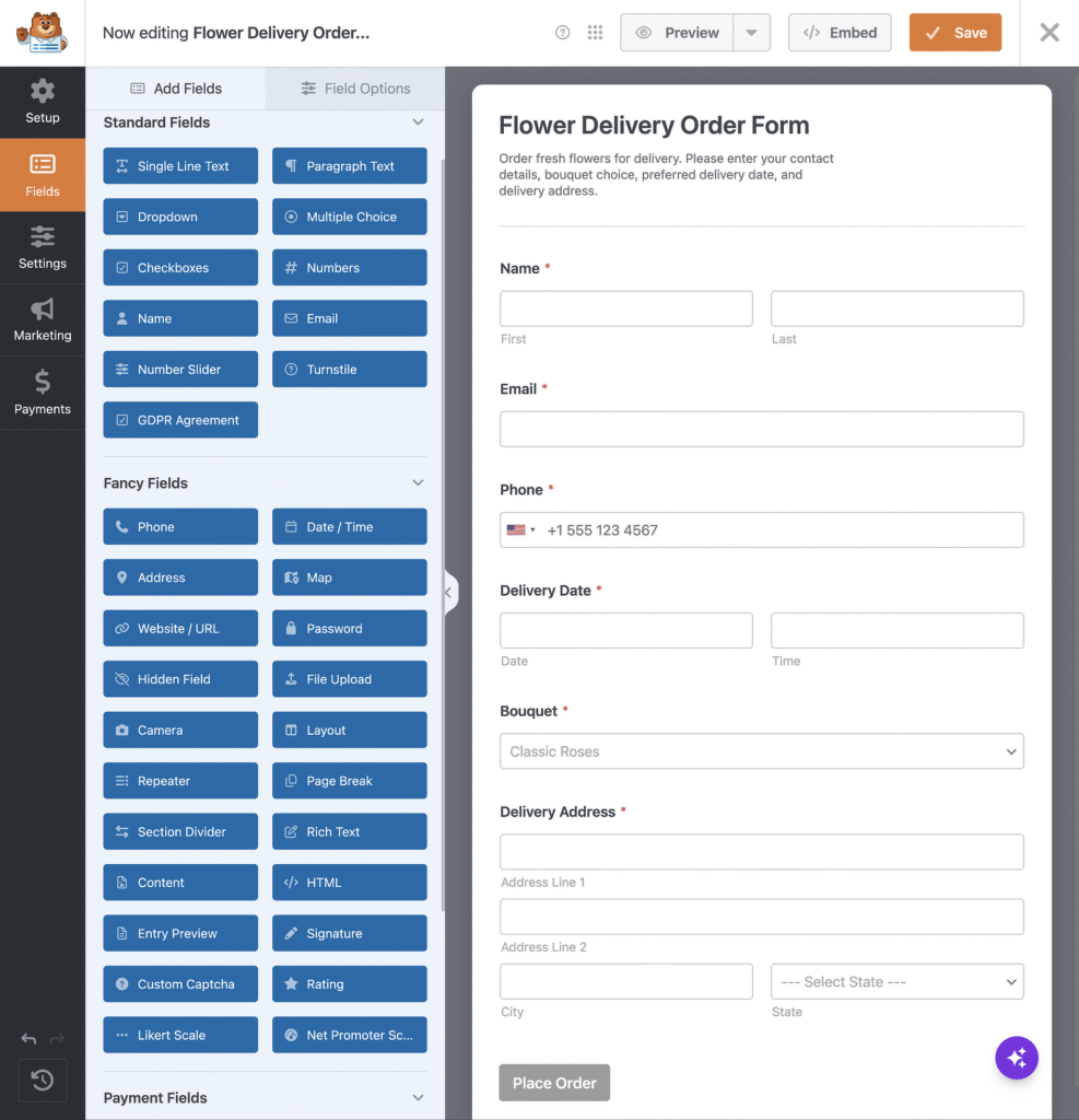 Form builder UI with a left Fields panel and a right preview showing a Flower Delivery Order Form titled 'Flower Delivery Order Form'.