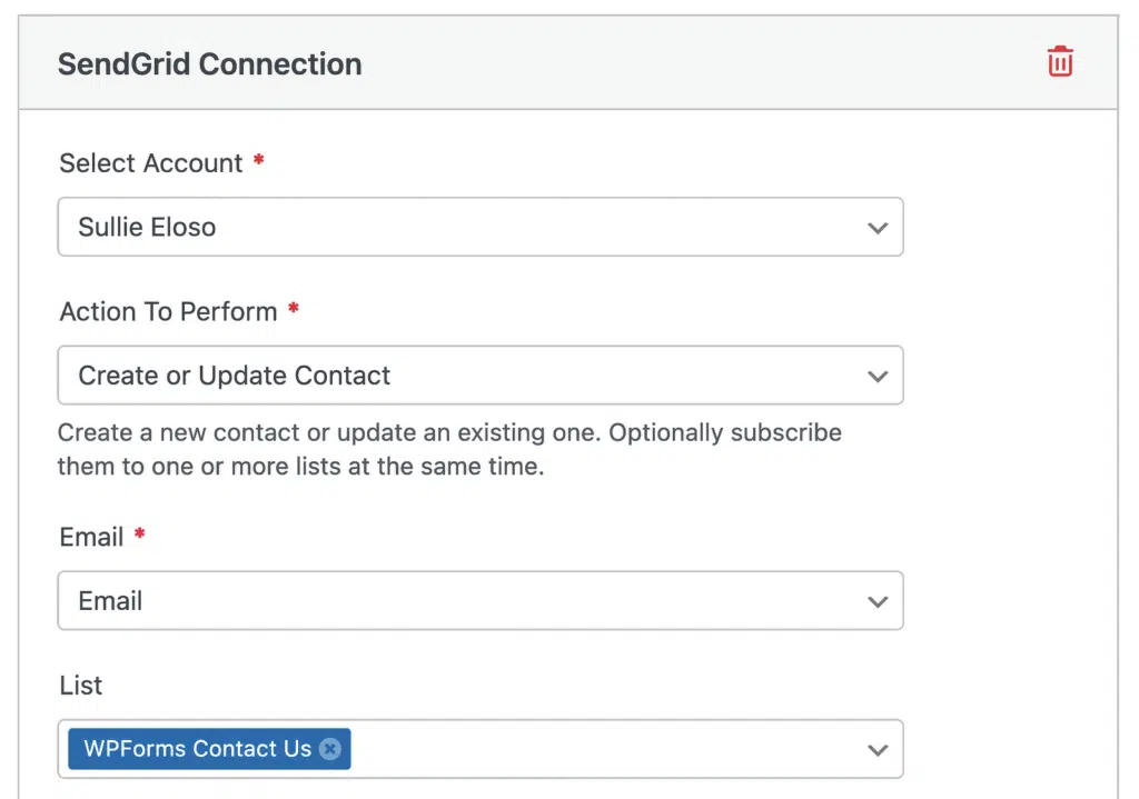 SendGrid Connection form header with account, action, email, and list fields and a WPForms button.
