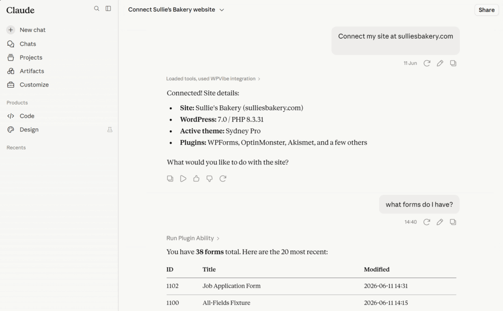 Captura de tela da interface do Claude conectando-se ao site Sallie's Bakery, mostrando detalhes do site (Sallie's Bakery, WordPress 7.0, tema Sydney Pro, plugins).