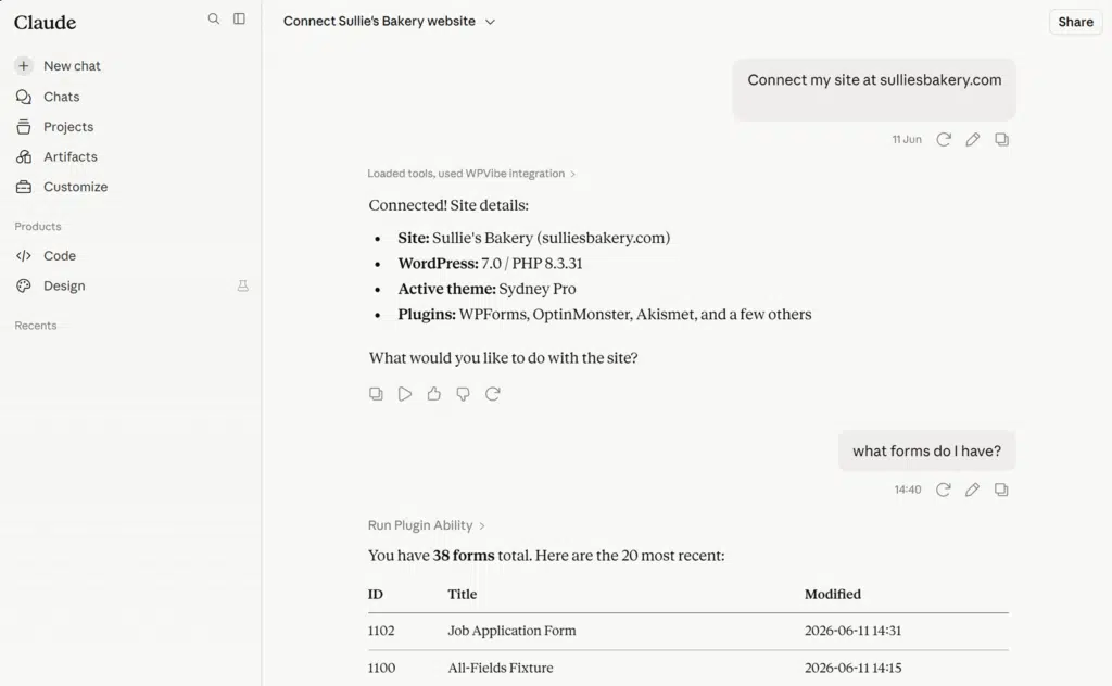 Screenshot of Claude interface connecting to Sallie's Bakery site, showing site details (Sallie's Bakery, WordPress 7.0, Sydney Pro theme, plugins).