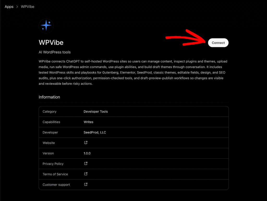 WPVibe product page with a circular logo left, title and description on a dark background, and a prominent Connect button on the right.