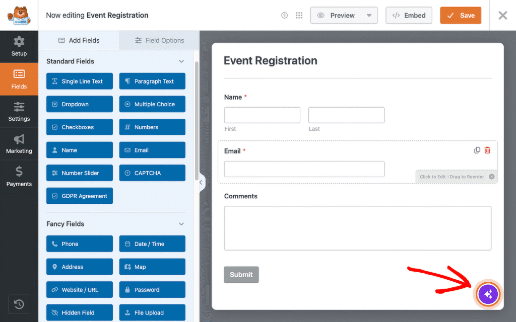 Screenshot of a form builder UI with an Event Registration form on the right and a list of fields on the left; a purple circular action button with sparkles is at the bottom-right edge of the screen.