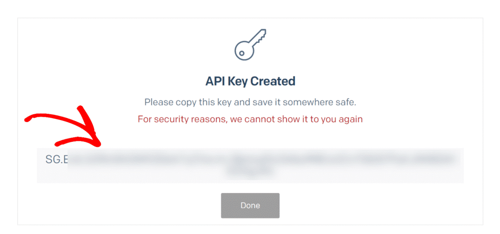 copy-api-key-sendgrid - WPForms API key created; copy and store it securely. The full key is blurred for security and cannot be shown again.