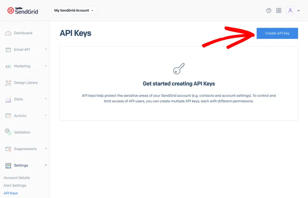 API Keys page with a prominent 'Create API Key' button in the top-right of the screen