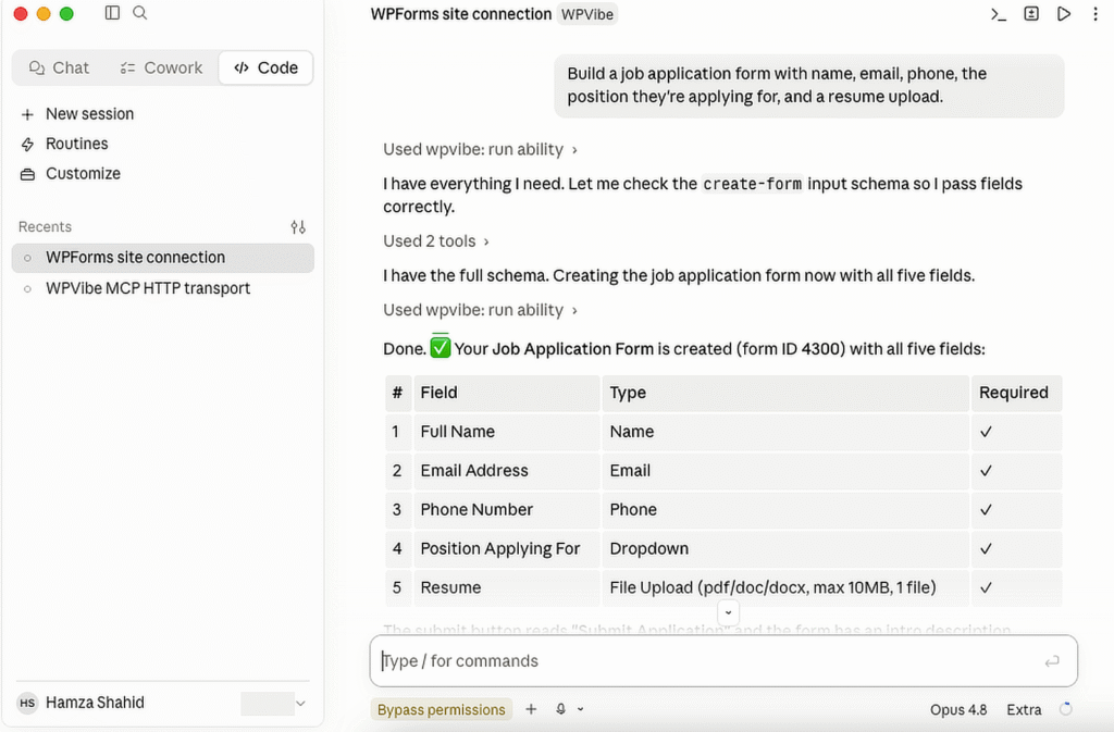 UI of a form builder showing a completed five-field job application form (Full Name, Email Address, Phone Number, Position Applying For, Resume) with required checkmarks.