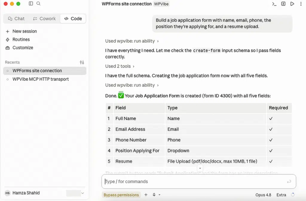 UI of a form builder showing a completed five-field job application form (Full Name, Email Address, Phone Number, Position Applying For, Resume) with required checkmarks.