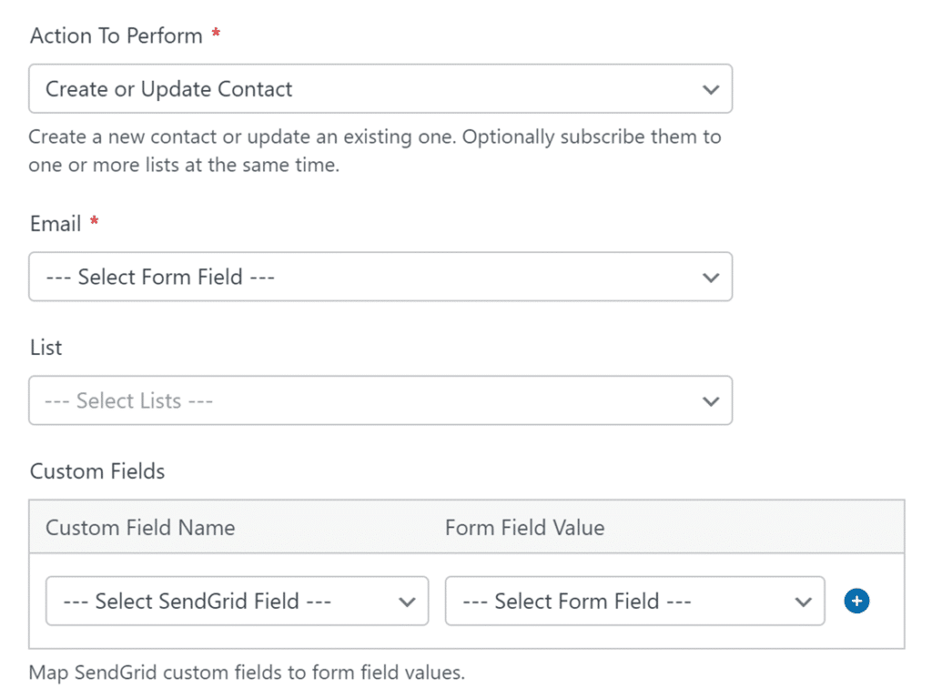 create-update-account-sendgrid-integration - WPForms Contact form: action to perform, email, list, and two custom-field dropdowns with a plus button to add more fields.