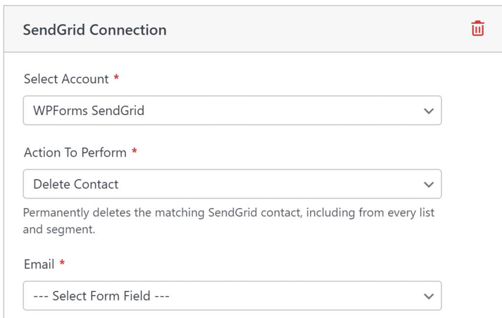 delete-contact-sendgrid-integration - WPForms SendGrid Connection panel to delete a contact: select account, action (Delete Contact), and email field with permanent deletion note.