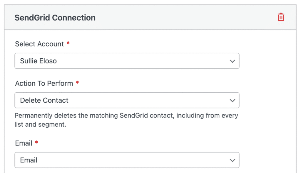 Formulario titulado 'Conexión de SendGrid' con dos menús desplegables: 'Seleccionar Cuenta' mostrando 'Sullie Eloso' y 'Acción a Realizar' configurada en 'Eliminar Contacto'; texto descriptivo debajo; campo 'Correo electrónico' debajo.